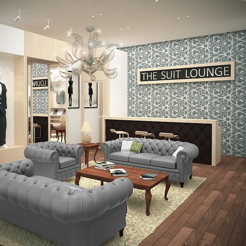 3-dimensional design with the title 'Interior Design for a Men's high end suiting showroom'