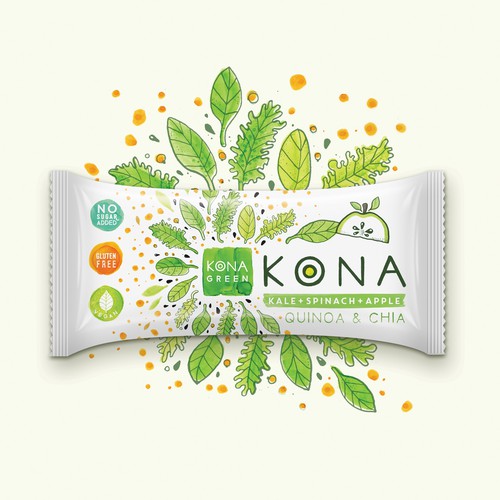 Hand-drawn packaging with the title 'Branding for  KONA  nutrition bars'