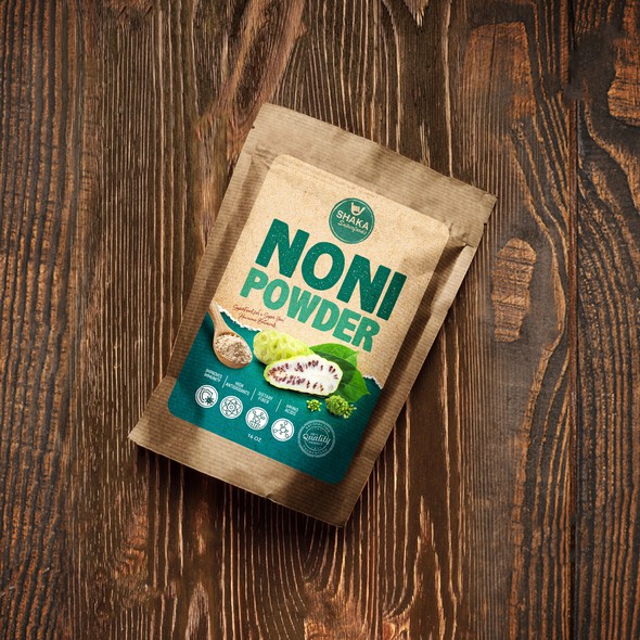 Food packaging label with the title 'Noni Powder label design'
