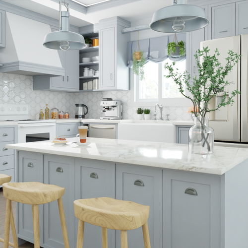 Architecture design with the title '3D Render of a farmhouse style kitchen'