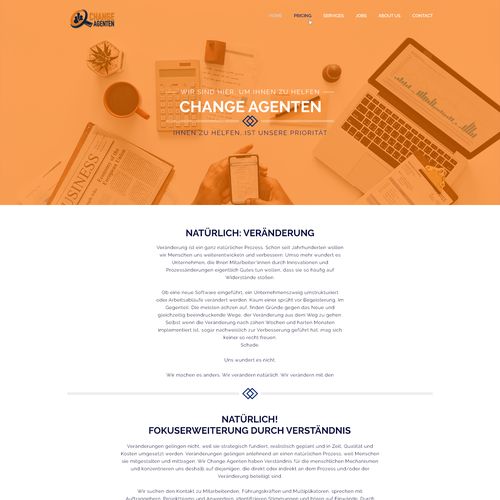 Orange website with the title 'Design for an organisational change management business'