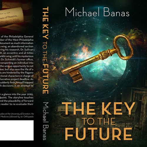 Time travel design with the title 'Book cover design for The Key to the Future'