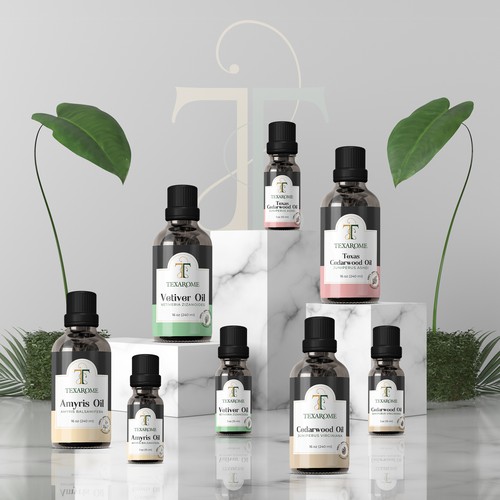High-end label with the title 'Essential Oil Label Design for Texarome'