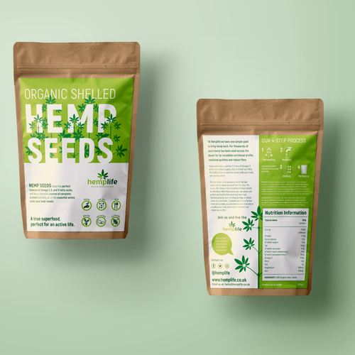 Green label with the title 'Modern Hemo Seed packaging design '