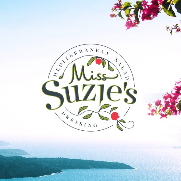 Pomegranate logo with the title 'Logo Design Miss Suzie's Mediterranean Salad Dressing'