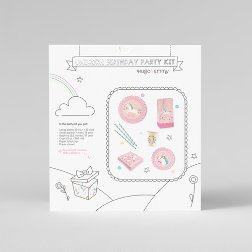 Aesthetic packaging with the title 'Packaging for Unicorn Party Paper ware'