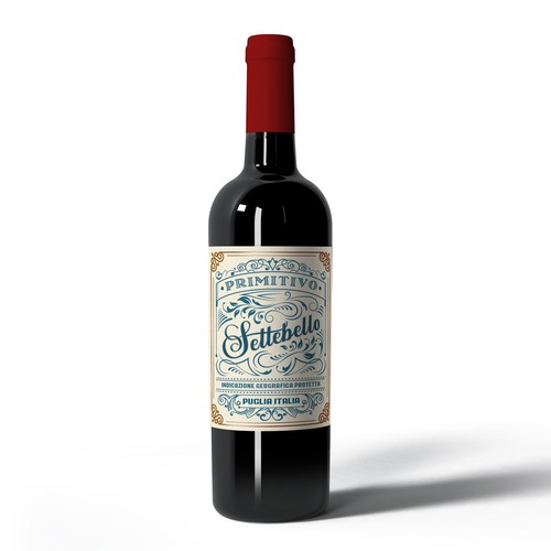 Spirits label with the title 'SETTEBELLO Primitivo wine label design.'