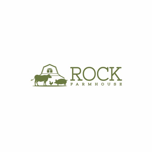 Cow, pig, and chicken logo with the title 'ROCK Farmhouse'