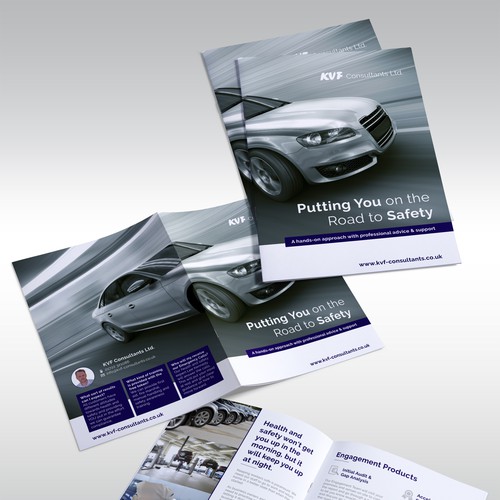 Road design with the title 'Safety Car Brochure Design'