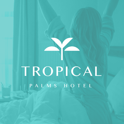 Neon blue safari logo with the title 'Tropical Palms Hotel'