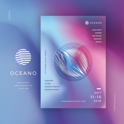 California design with the title 'Minimalist mark and vibrant collaterals for Oceano Music Fest'