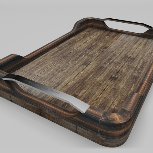 Rustic-modern design with the title 'A rustic coffee table tray product design'