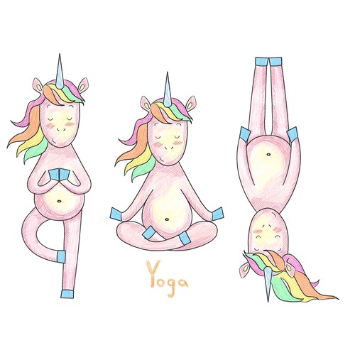Brush illustration with the title 'Unicorns doing yoga'