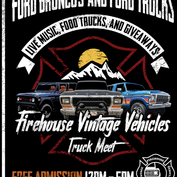 Vintage car design with the title 'Firehouse Vintage Vehicles Car Show'