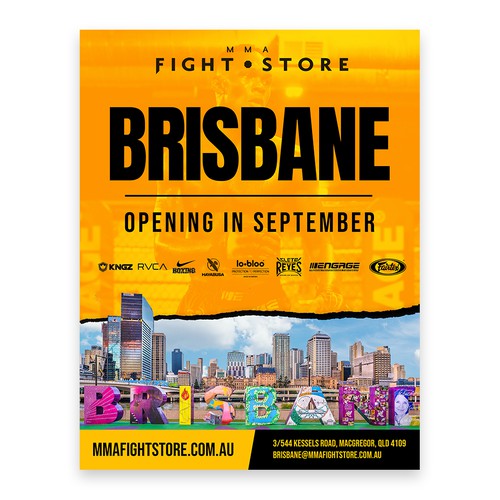 Mixed martial arts design with the title 'Brisbane New MMA Fight Store Flyer'