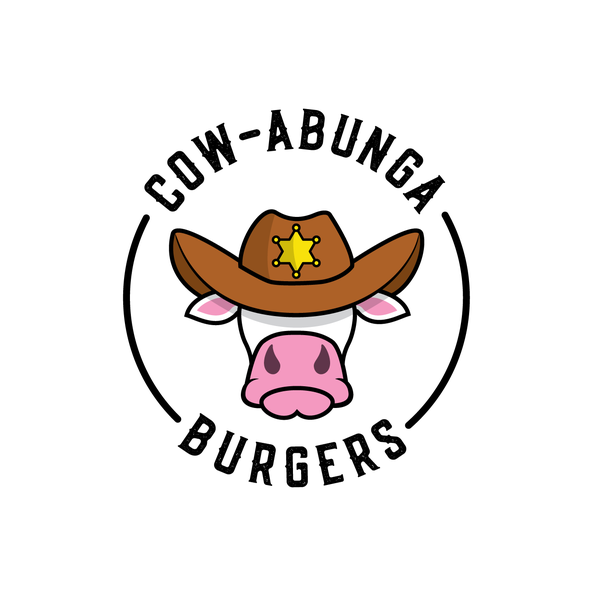 Fast food logo with the title 'Cow-abunga Burgers'