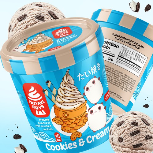 Bright packaging with the title 'Taiyaki Ice Cream Cookies & Cream'