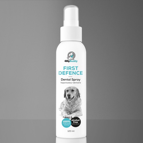 Dog label with the title ' Create an eye catching label for a natural, scientifically proven dog dental spray.'