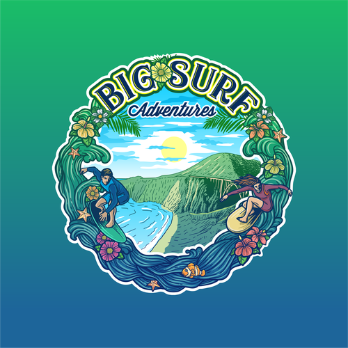 Vintage surf logo with the title 'Big Surf Adventures'