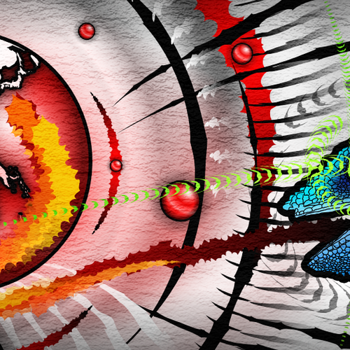 Street art illustration with the title 'reptile eating the planet Earth, scorching with fire tongue, followed by chaos'