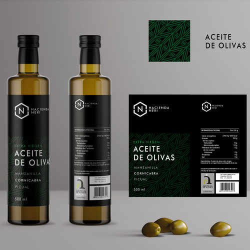 Spanish label with the title 'Olive oil for Hacienda Neri'