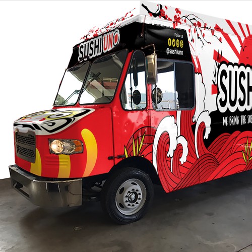 Food truck design with the title 'Modern Catchy SUSHI FOOD TRUCK'