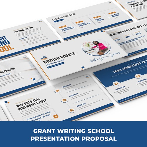 Non-profit design with the title 'Grant Writing School PowerPoint Presentation'