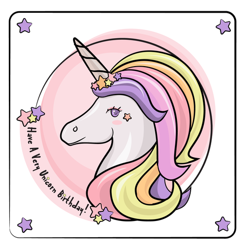 Unicorn artwork with the title 'Unicorn Illustration Party Box Design'