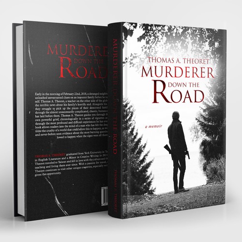 Murder mystery book cover with the title 'Murderer down the road'