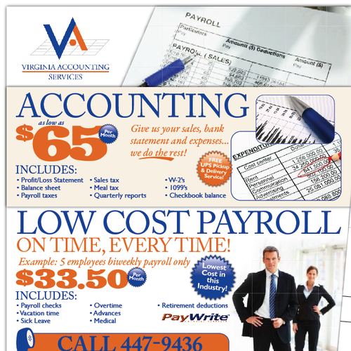 Direct mail design with the title 'Direct Mail: Virginia Accounting'