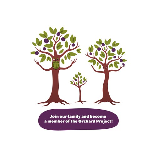 Orchard design with the title 'Family of tree-mascots for community orchard'