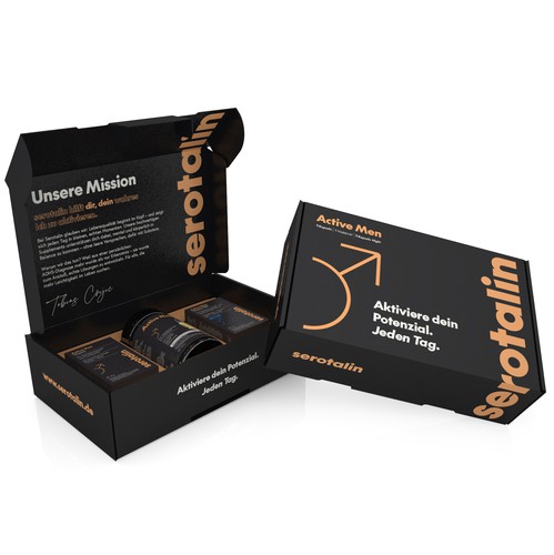 Subscription box packaging with the title 'PRODUCT PACKAGING FOR SEROTALIN'