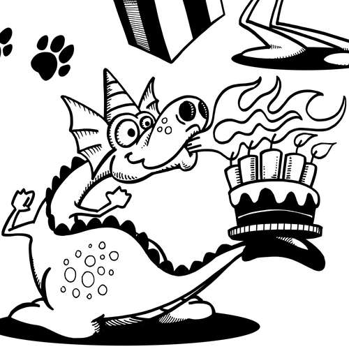Birthday design with the title 'Dog, Flying Pig and Party Dragon'