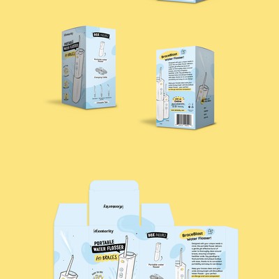 Illustrated packaging for a Portable Water Flosser