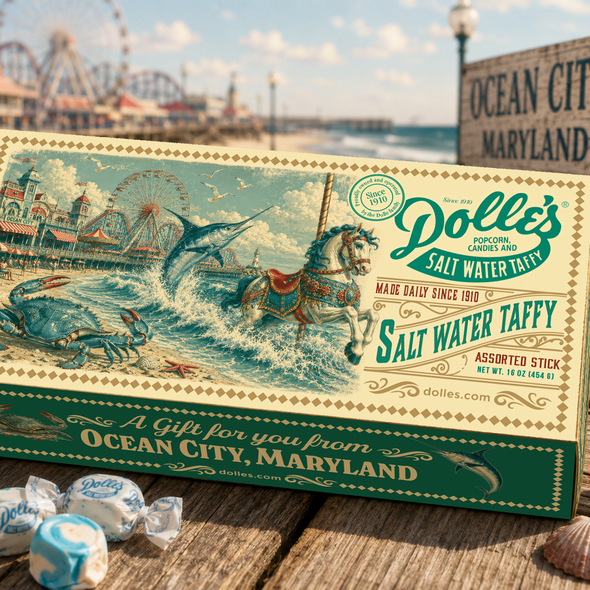 Candy packaging with the title '2026 Special Edition Salt Water Taffy Box featuring Ocean City, Maryland'