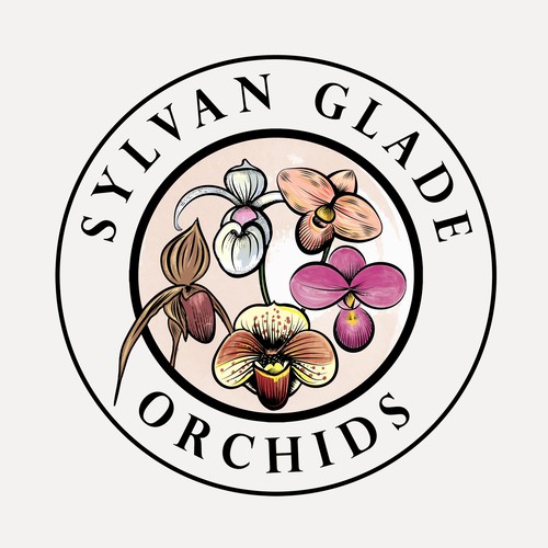 Botanical logo with the title 'Logo for Sylvan Glade Orchids'