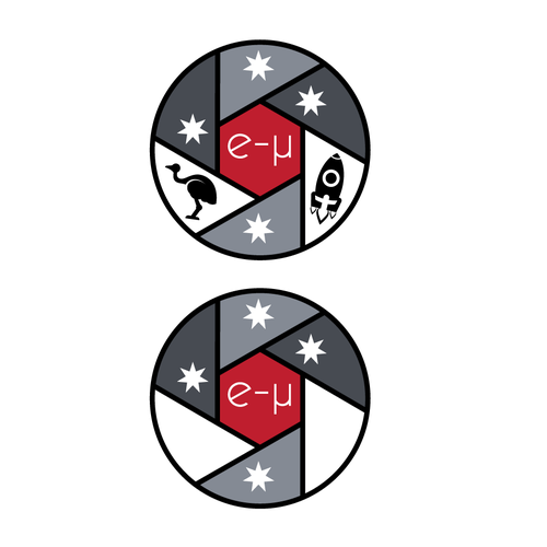 Lens logo with the title 'e - µ: Space mission requires logo - will be flown!'