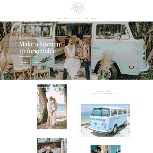 Atom design with the title 'The Blue Beach Bus Rent for Square Online Site'