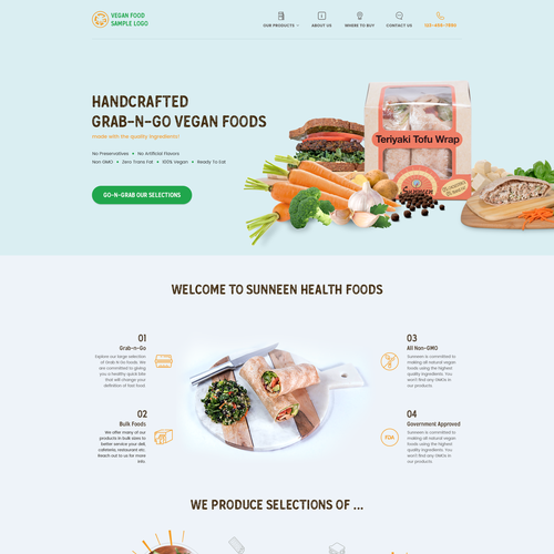 Food website with the title 'Homepage design for pre-packaged grab n go vegan foods'