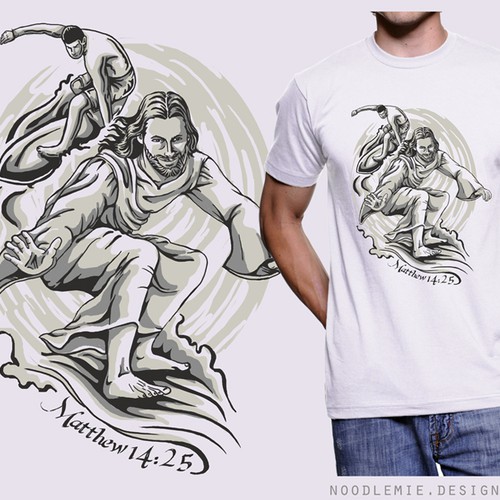 Surfing t-shirt with the title 'Create a current, hip, t-shirt design with Jesus surfing barefoot.'