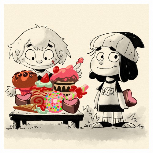 Cartoon artwork with the title 'BOOK ILLUSTRATION'