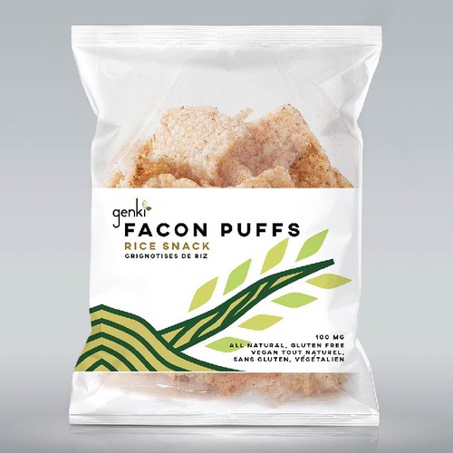 Cute label with the title 'Label Design for organic rice snack “Facon Puffs”'