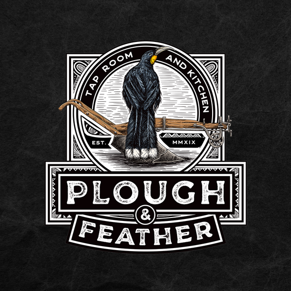 Gastropub logo with the title 'Plough & Feather with Maori pattern'