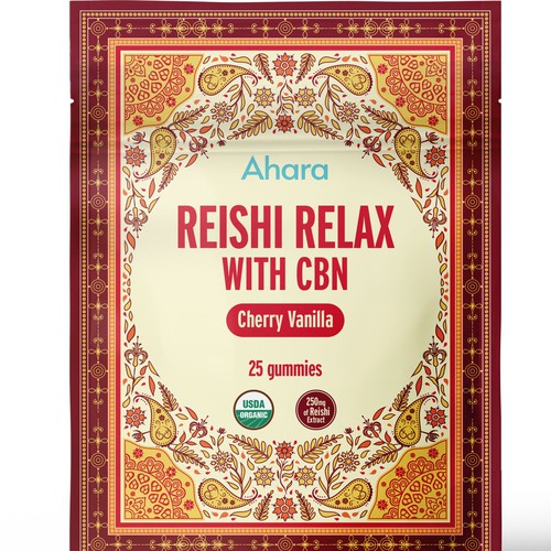 Pouch label with the title 'Ahara Mushroom Gummies'