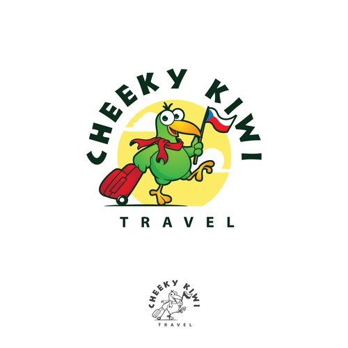 Kiwi logo with the title 'logo and character design for cheeky kiwi travel agency'