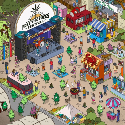 Drawing illustration with the title 'Free The Trees Festival'