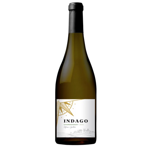 White wine label with the title 'Indago - Chardonnay Wine'