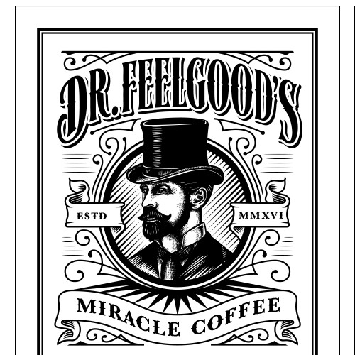Barber design with the title 'Dr Feelgoods Miracle Coffee Elixer Packaging'