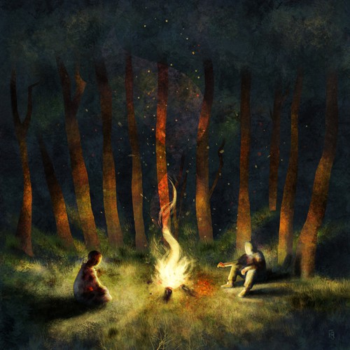 Sky illustration with the title 'Night Around a Fire'
