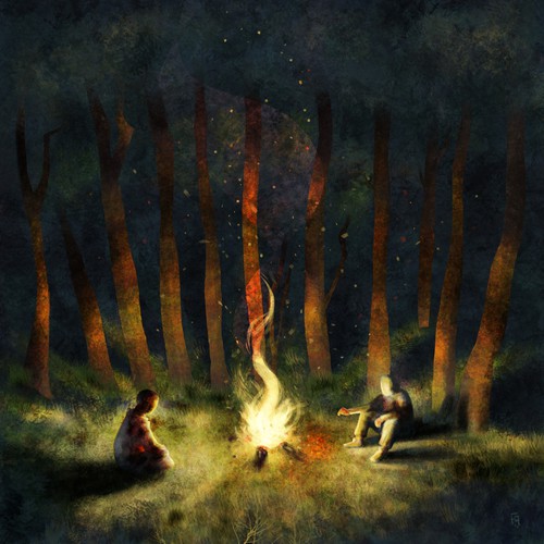 Dark artwork with the title 'Night Around a Fire'